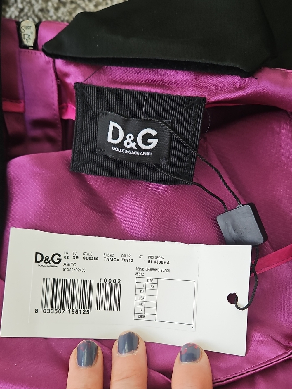 NWT Dolce & Gabbana D&G Satin Magenta Dress Black Velvet 42/M - Picture 5 of 12